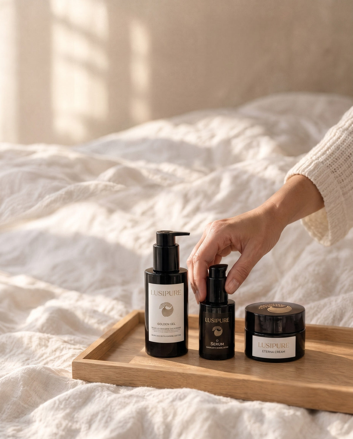 Lusipure Golden Gel, O Serum and Eterna Cream on a wooden tray in morning light